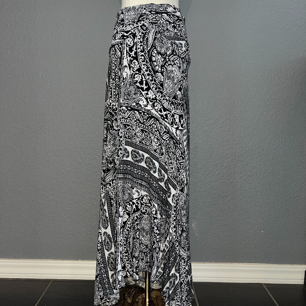 ANTHROPOLOGIE MAEVE ISSA MAXI SKIRT BLACK & WHITE MEDALLION PRINT JERSEY KNIT  L